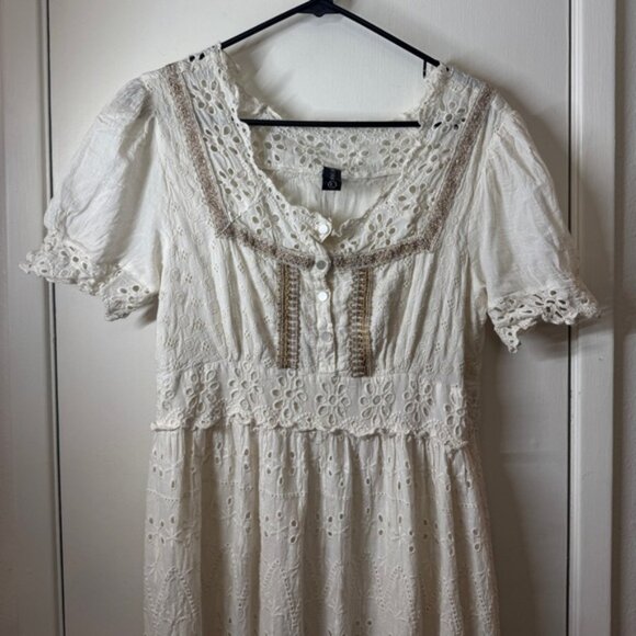 Me2Magic 100% Cotton Floral Eyelet Lace Embroidered Boho Hippie Maxi Dress Large - Picture 2 of 16